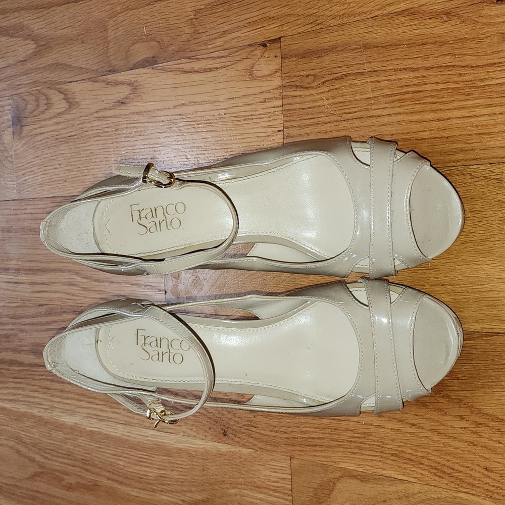 Franco Sarto Tan/Natural Patent Open Toe Heels 7.5